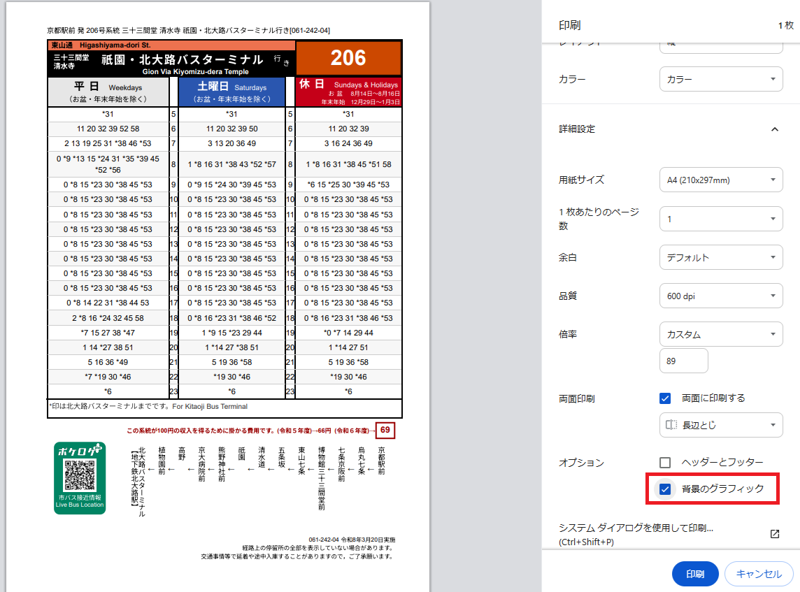 変更のグラフィックにチェックし、背景色が表示された時刻表