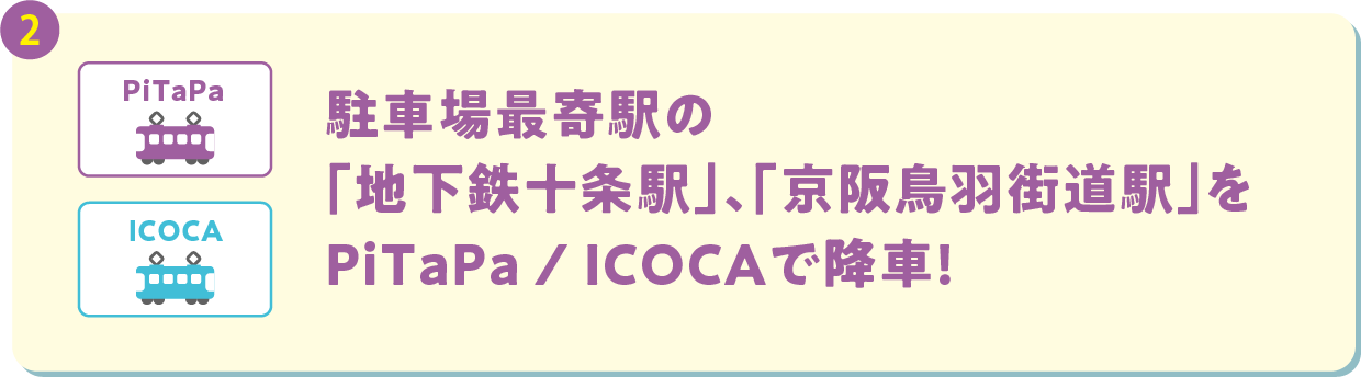 駐車場最寄駅の「地下鉄十条駅」、「京阪鳥羽街道駅」をPiTaPa / ICOCAで降車！