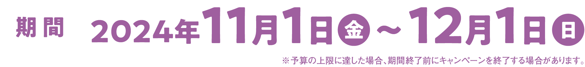 期間2024年11月1日(金)〜12月1日(日)※予算の上限に達した場合、期間終了前にキャンペーンを終了する場合があります。