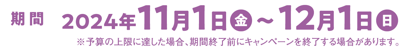 期間2024年11月1日(金)〜12月1日(日)※予算の上限に達した場合、期間終了前にキャンペーンを終了する場合があります。